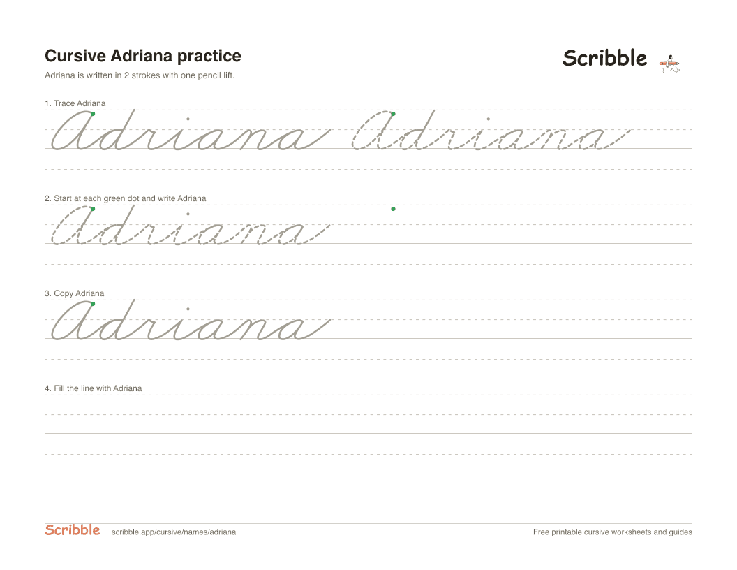Preview of the printable Adriana in cursive worksheet: trace, copy, and practice rows