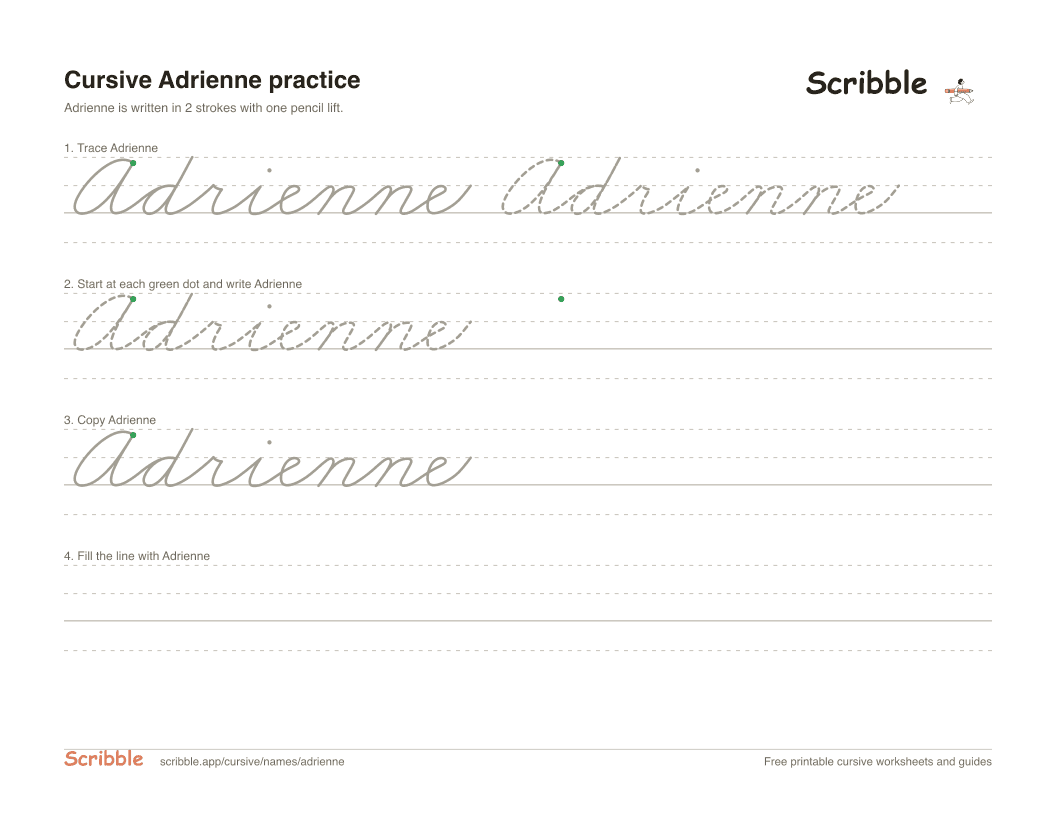 Preview of the printable Adrienne in cursive worksheet: trace, copy, and practice rows
