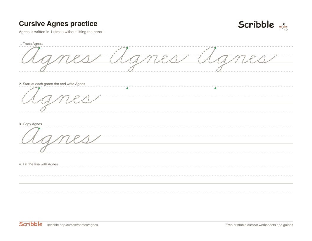 Preview of the printable Agnes in cursive worksheet: trace, copy, and practice rows