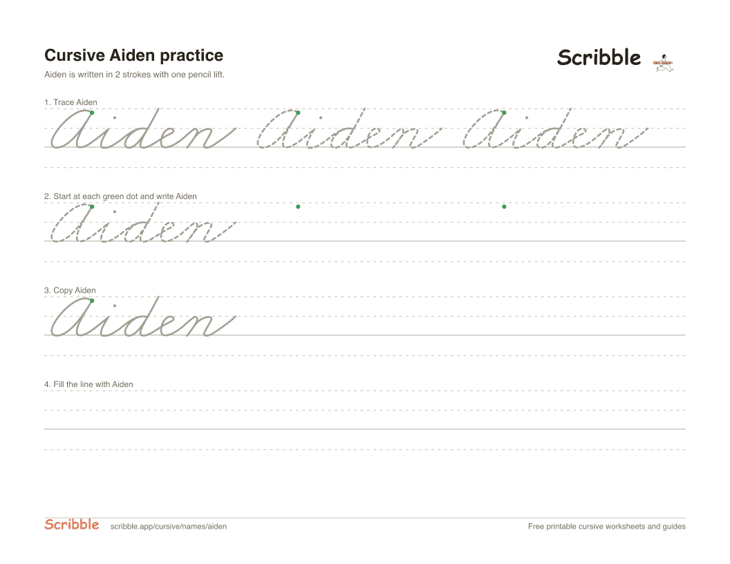 Preview of the printable Aiden in cursive worksheet: trace, copy, and practice rows
