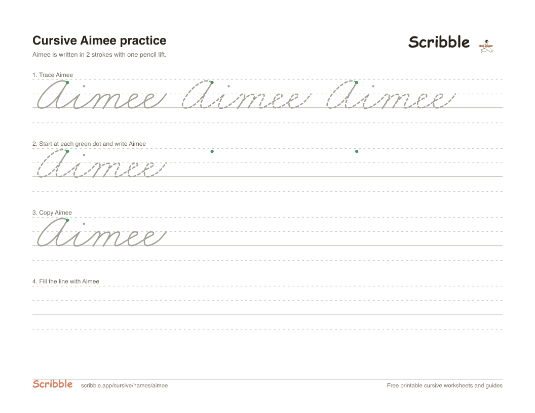 Preview of the printable Aimee in cursive worksheet: trace, copy, and practice rows