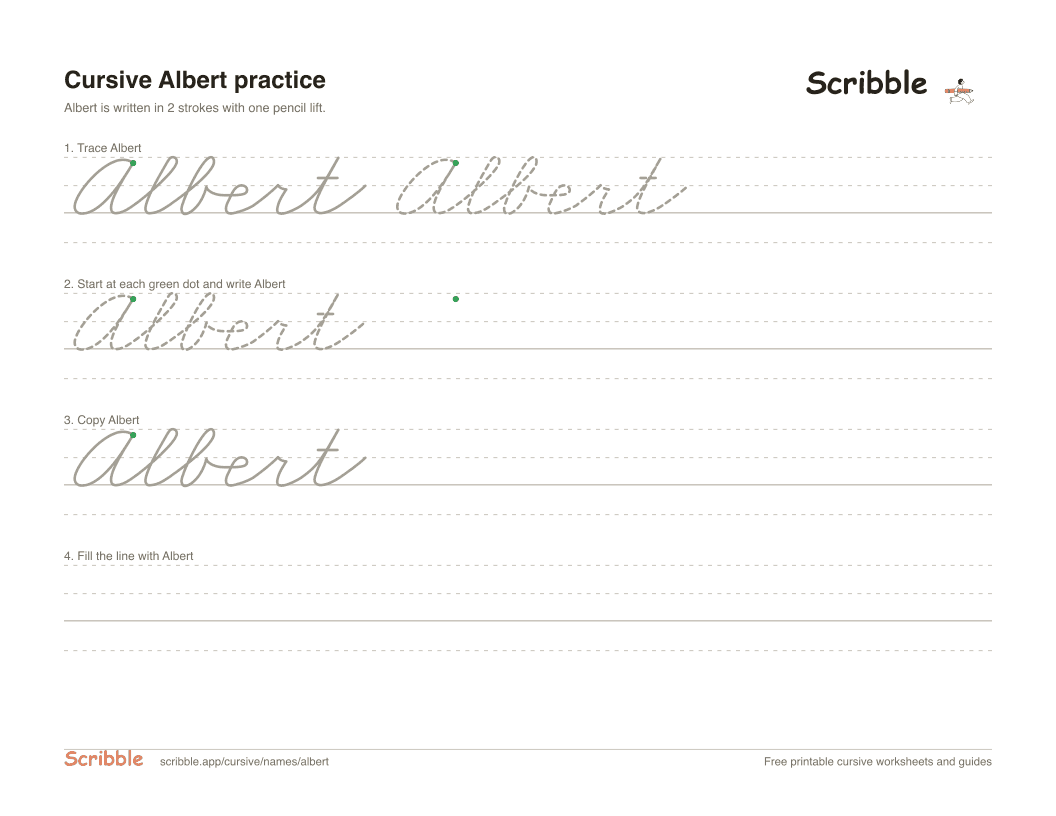 Preview of the printable Albert in cursive worksheet: trace, copy, and practice rows