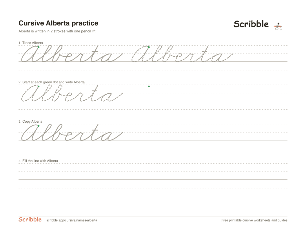 Preview of the printable Alberta in cursive worksheet: trace, copy, and practice rows
