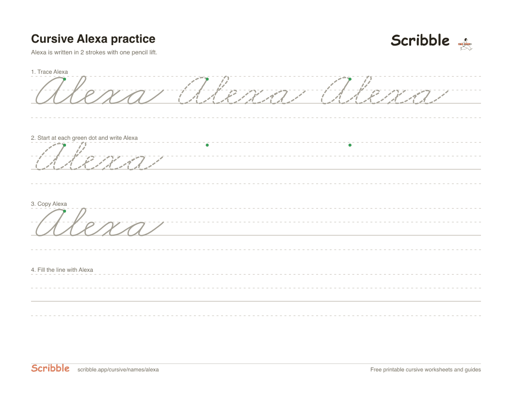 Preview of the printable Alexa in cursive worksheet: trace, copy, and practice rows