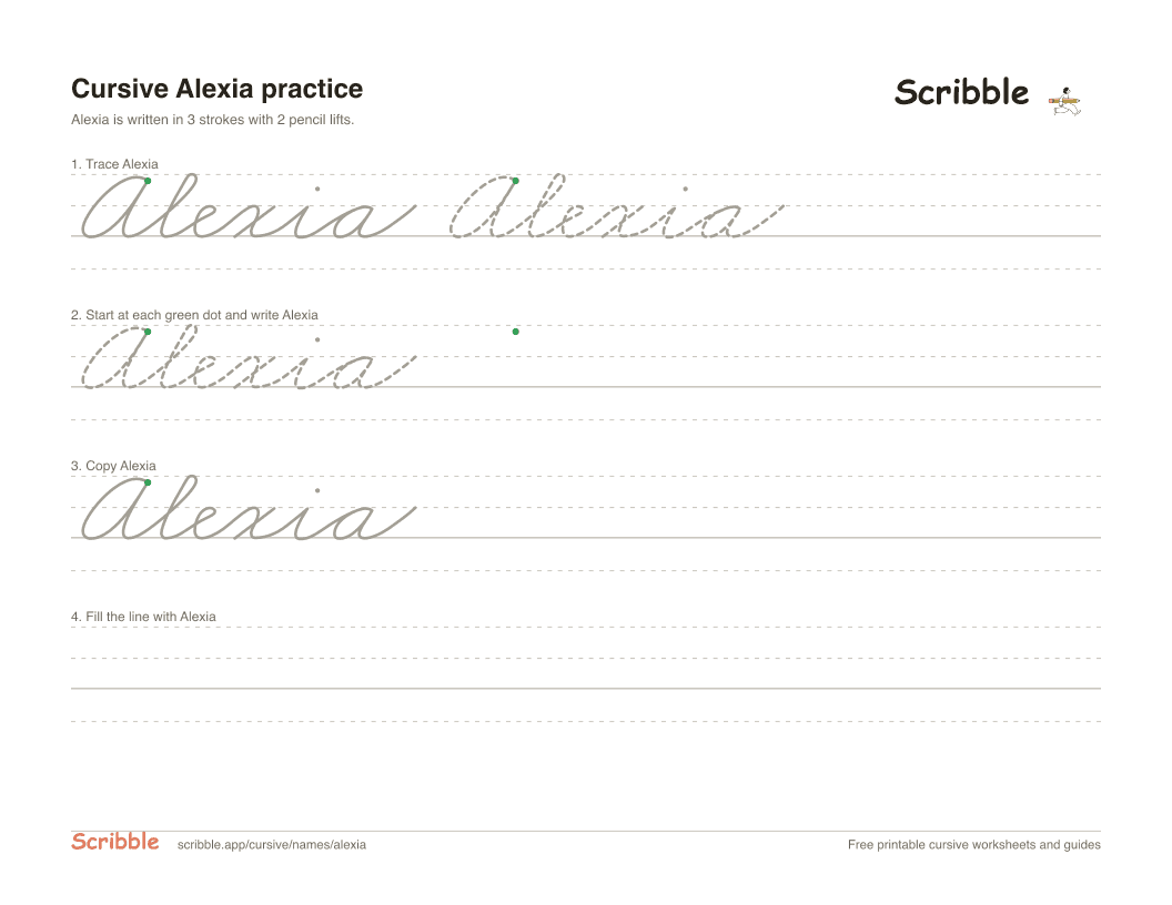 Preview of the printable Alexia in cursive worksheet: trace, copy, and practice rows