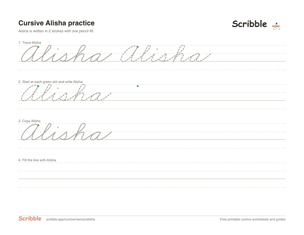 Preview of the printable Alisha in cursive worksheet: trace, copy, and practice rows
