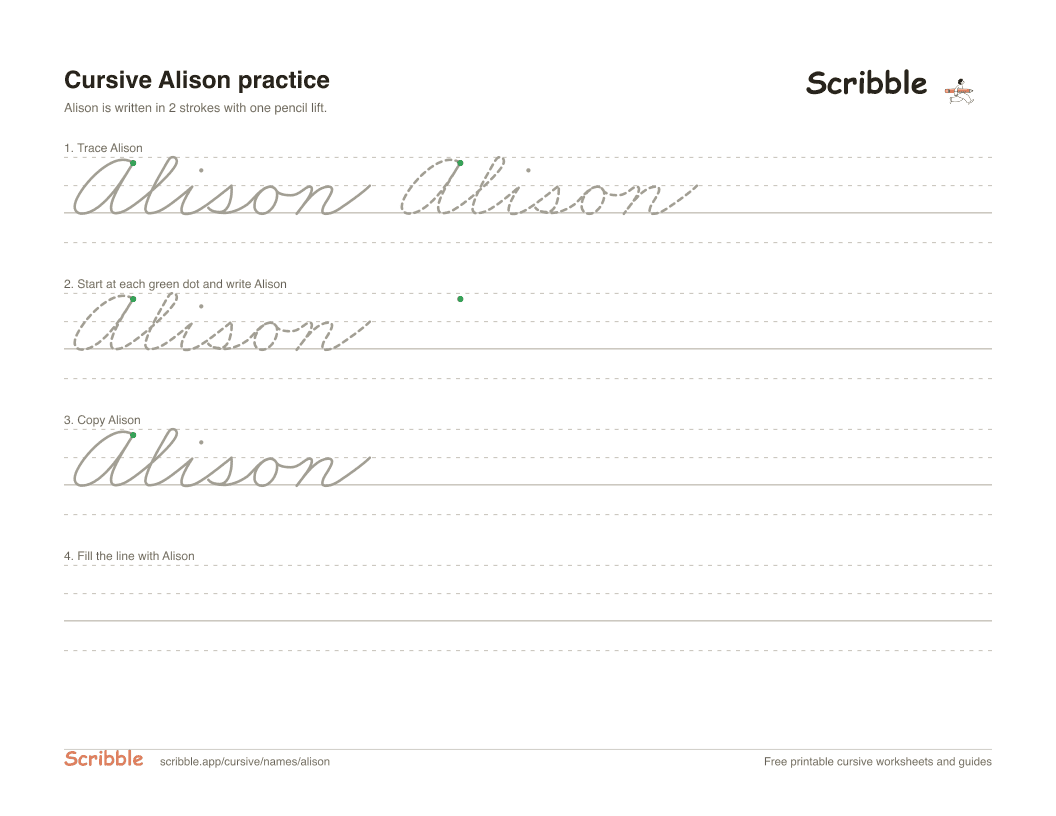 Preview of the printable Alison in cursive worksheet: trace, copy, and practice rows