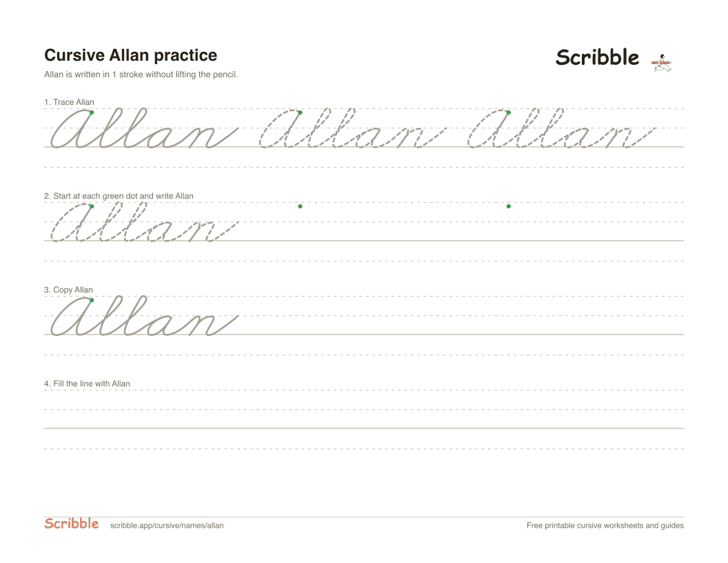 Preview of the printable Allan in cursive worksheet: trace, copy, and practice rows