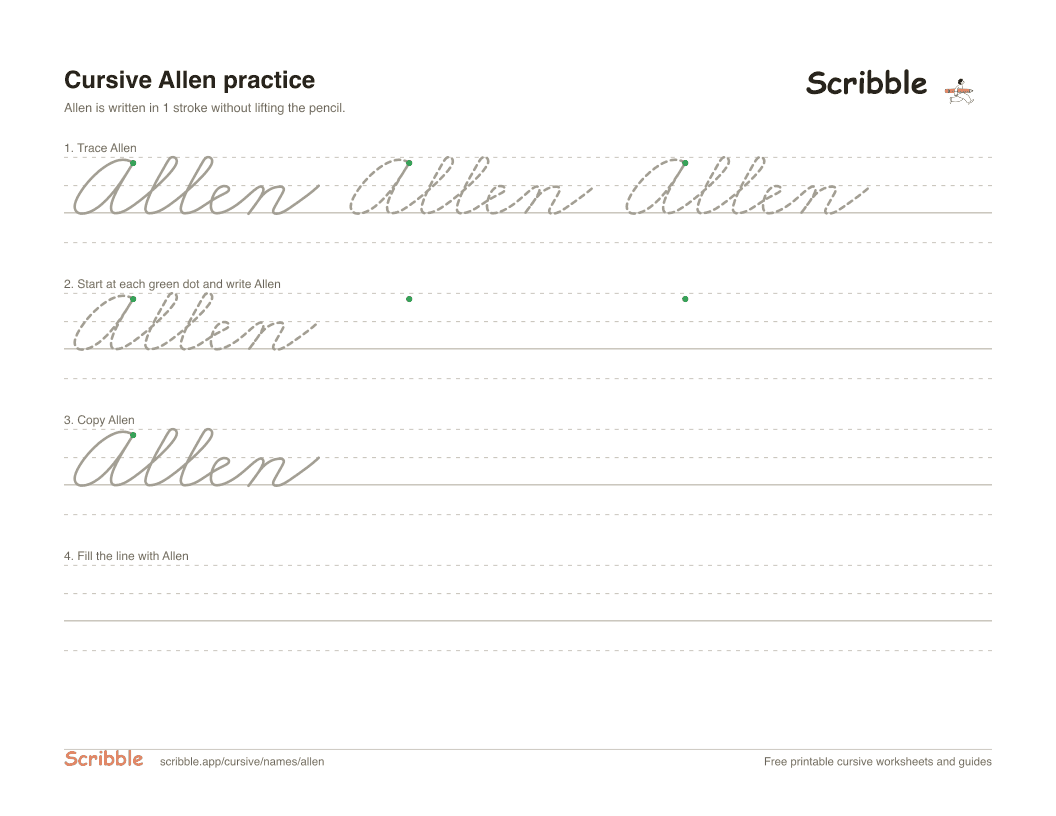 Preview of the printable Allen in cursive worksheet: trace, copy, and practice rows
