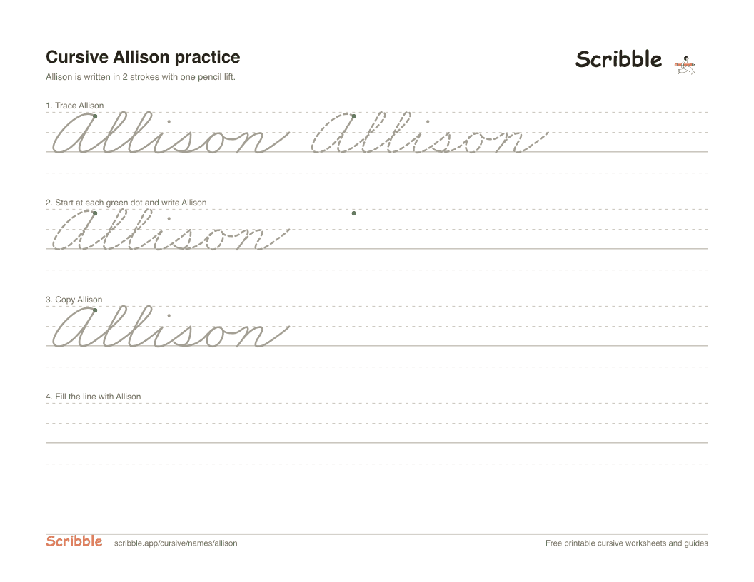 Preview of the printable Allison in cursive worksheet: trace, copy, and practice rows