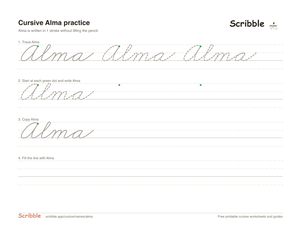 Preview of the printable Alma in cursive worksheet: trace, copy, and practice rows