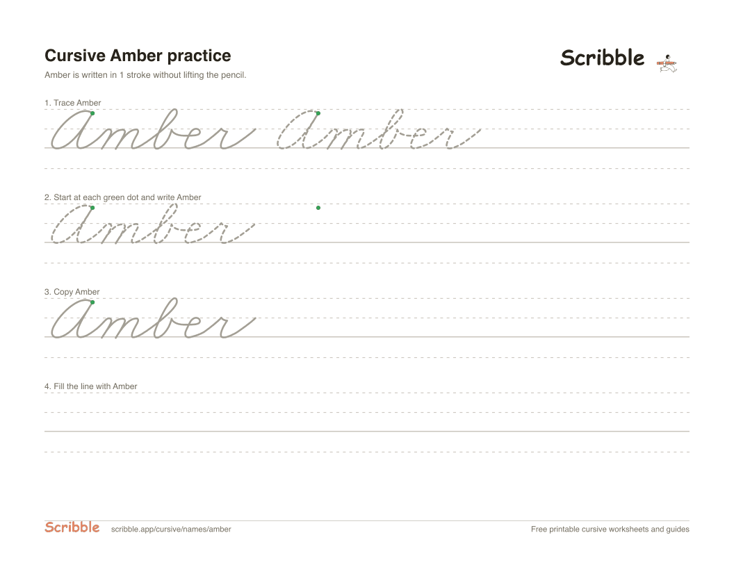 Preview of the printable Amber in cursive worksheet: trace, copy, and practice rows