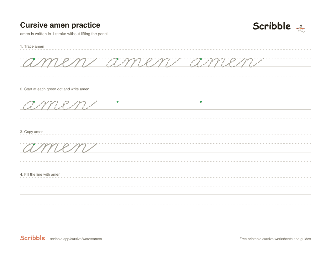 Preview of the printable amen in cursive worksheet: trace, copy, and practice rows