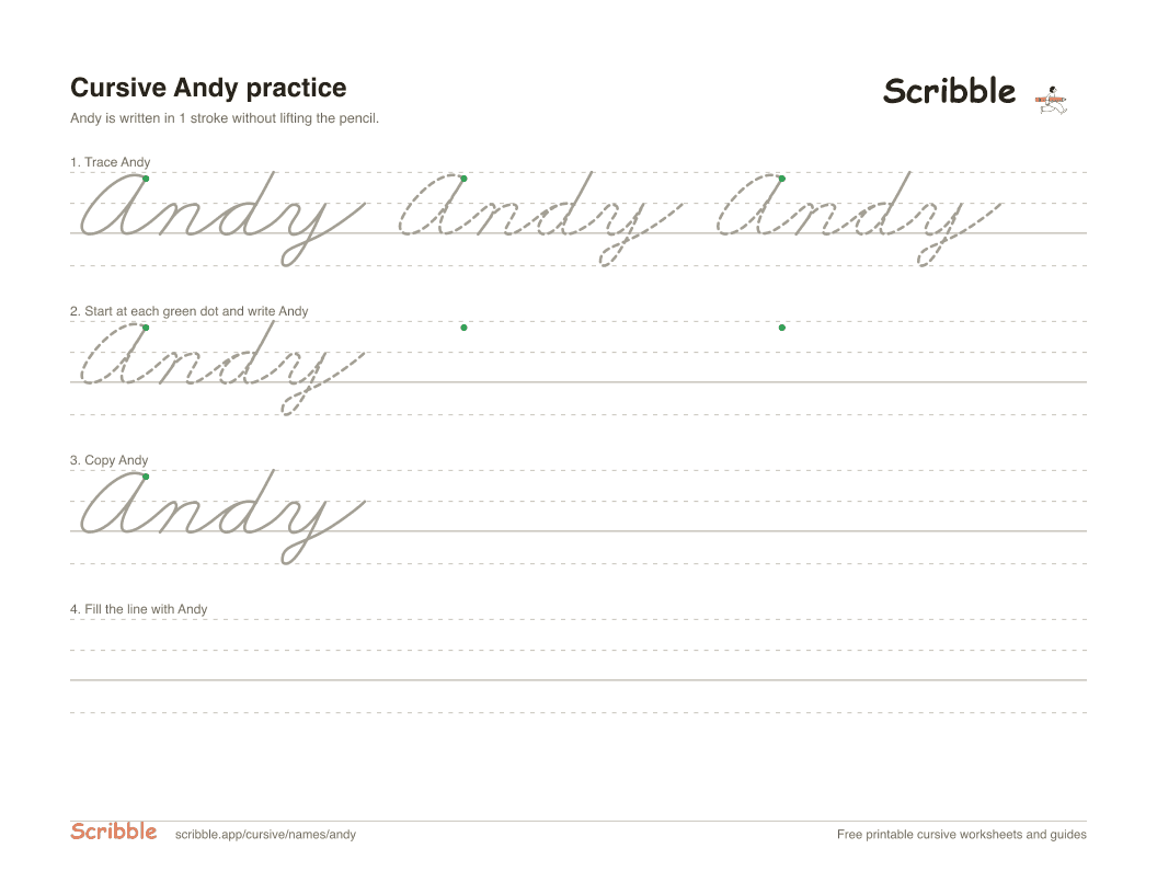 Preview of the printable Andy in cursive worksheet: trace, copy, and practice rows