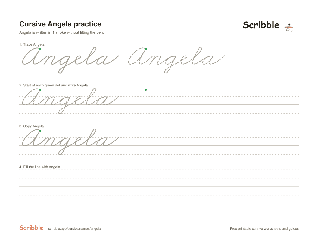Preview of the printable Angela in cursive worksheet: trace, copy, and practice rows