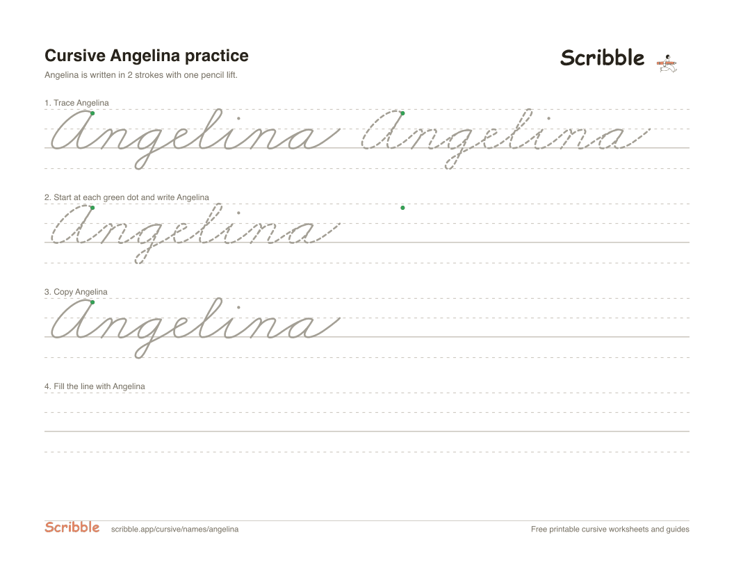 Preview of the printable Angelina in cursive worksheet: trace, copy, and practice rows