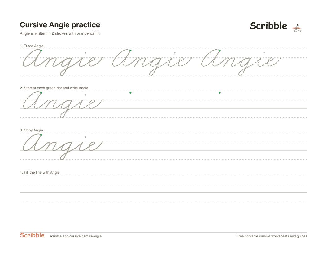 Preview of the printable Angie in cursive worksheet: trace, copy, and practice rows