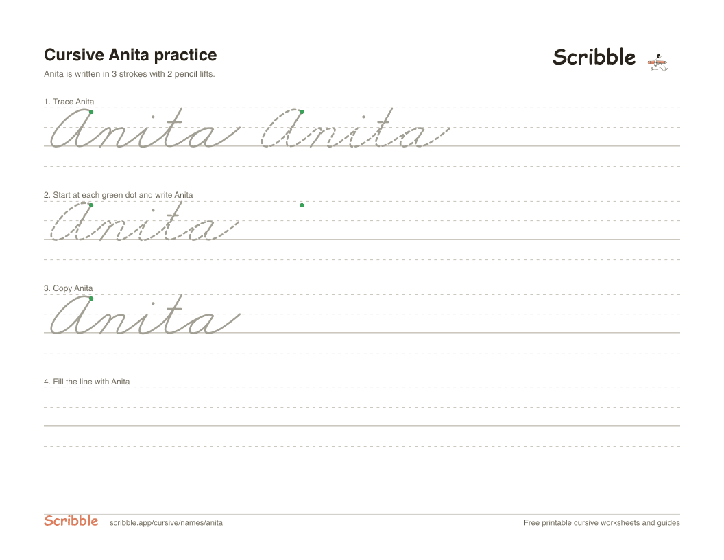 Preview of the printable Anita in cursive worksheet: trace, copy, and practice rows