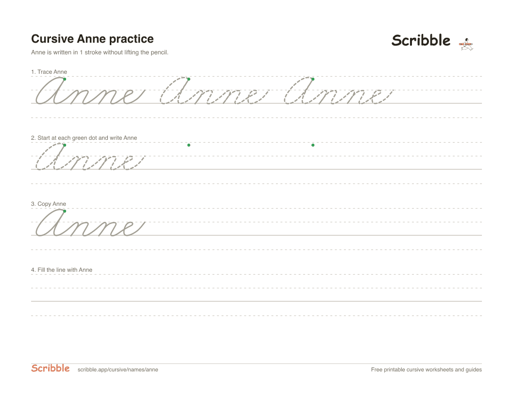 Preview of the printable Anne in cursive worksheet: trace, copy, and practice rows