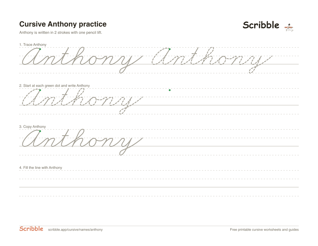 Preview of the printable Anthony in cursive worksheet: trace, copy, and practice rows