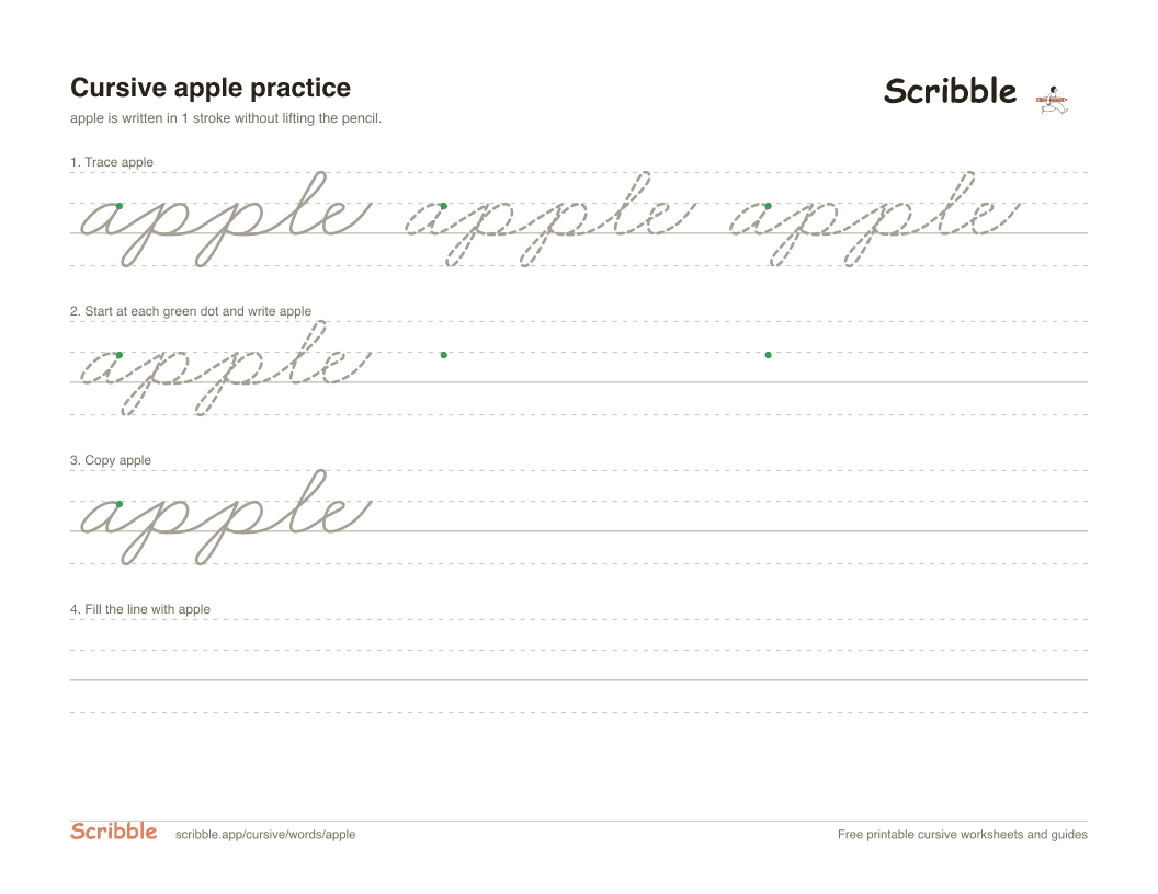 Preview of the printable apple in cursive worksheet: trace, copy, and practice rows