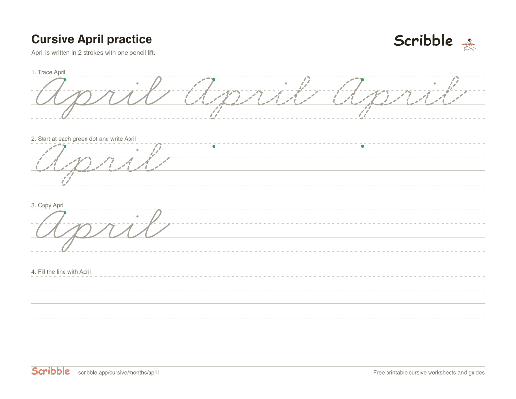 Preview of the printable April in cursive worksheet: trace, copy, and practice rows