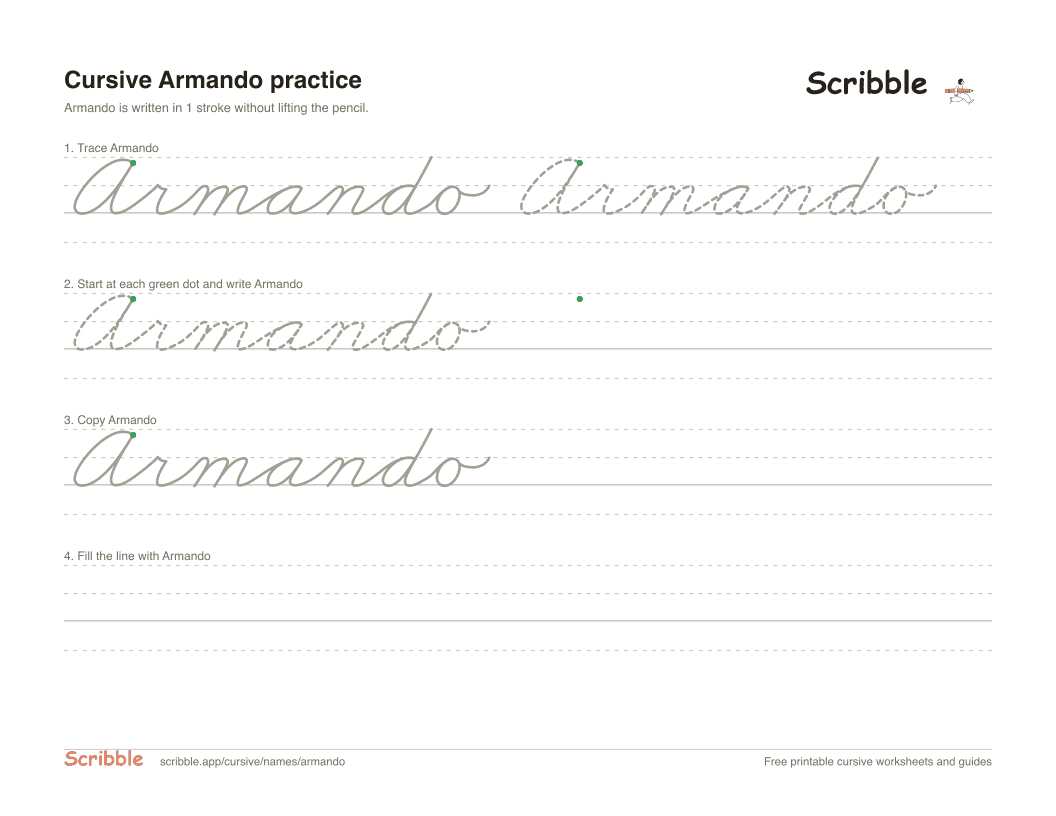 Preview of the printable Armando in cursive worksheet: trace, copy, and practice rows