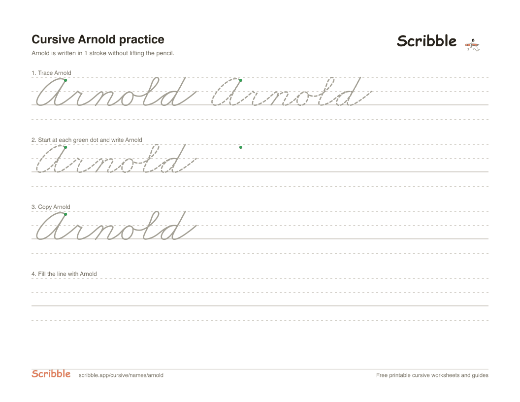 Preview of the printable Arnold in cursive worksheet: trace, copy, and practice rows