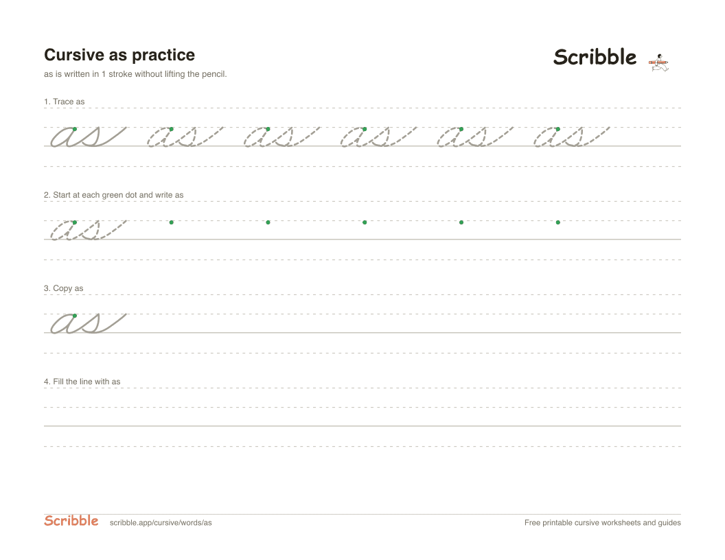 Preview of the printable as in cursive worksheet: trace, copy, and practice rows