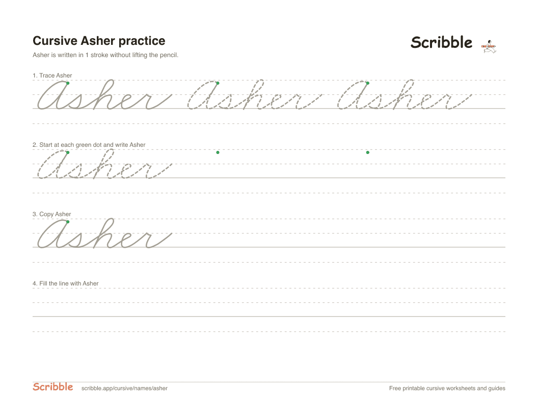 Preview of the printable Asher in cursive worksheet: trace, copy, and practice rows