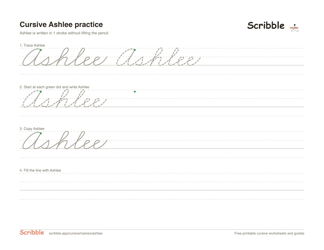 Preview of the printable Ashlee in cursive worksheet: trace, copy, and practice rows