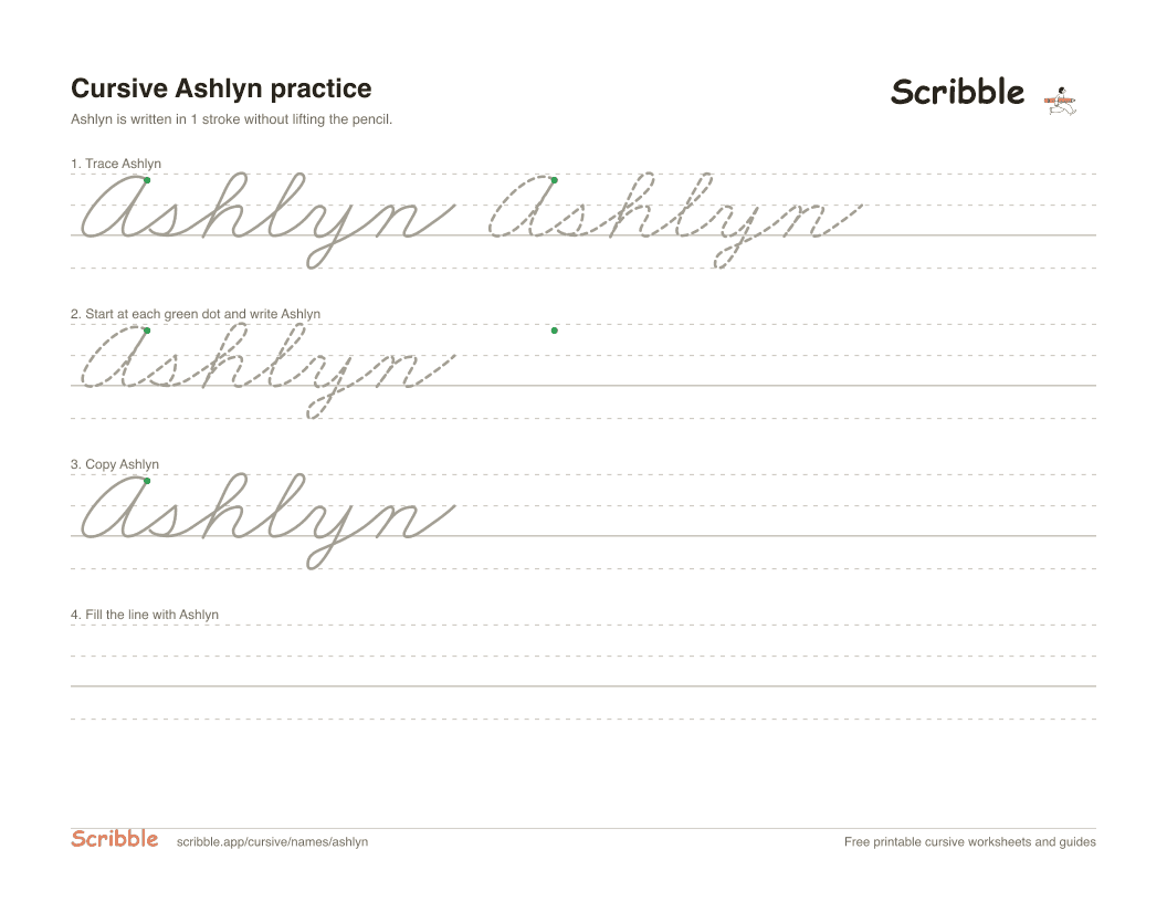 Preview of the printable Ashlyn in cursive worksheet: trace, copy, and practice rows