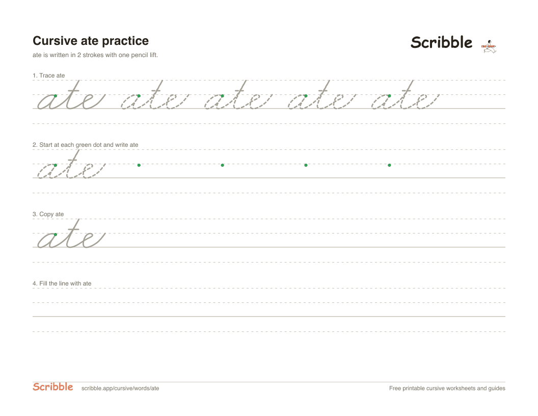 Preview of the printable ate in cursive worksheet: trace, copy, and practice rows