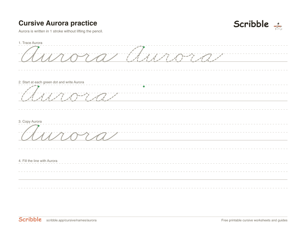 Preview of the printable Aurora in cursive worksheet: trace, copy, and practice rows