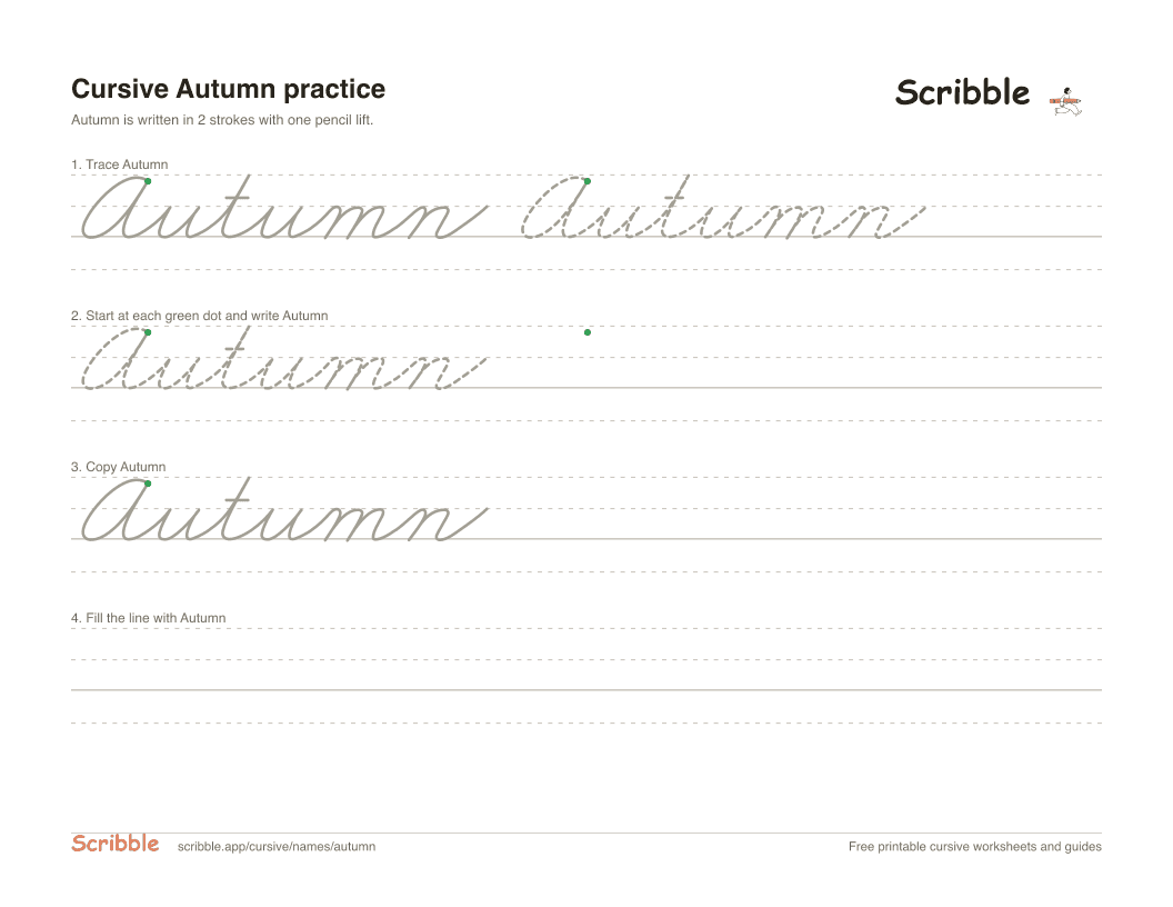 Preview of the printable Autumn in cursive worksheet: trace, copy, and practice rows
