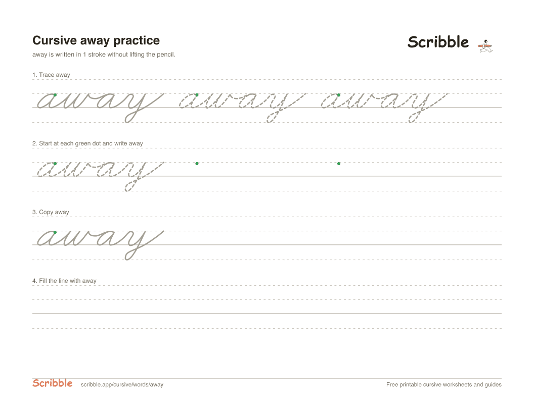 Preview of the printable away in cursive worksheet: trace, copy, and practice rows