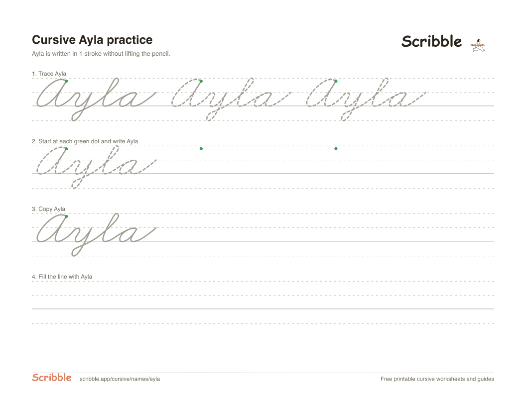 Preview of the printable Ayla in cursive worksheet: trace, copy, and practice rows