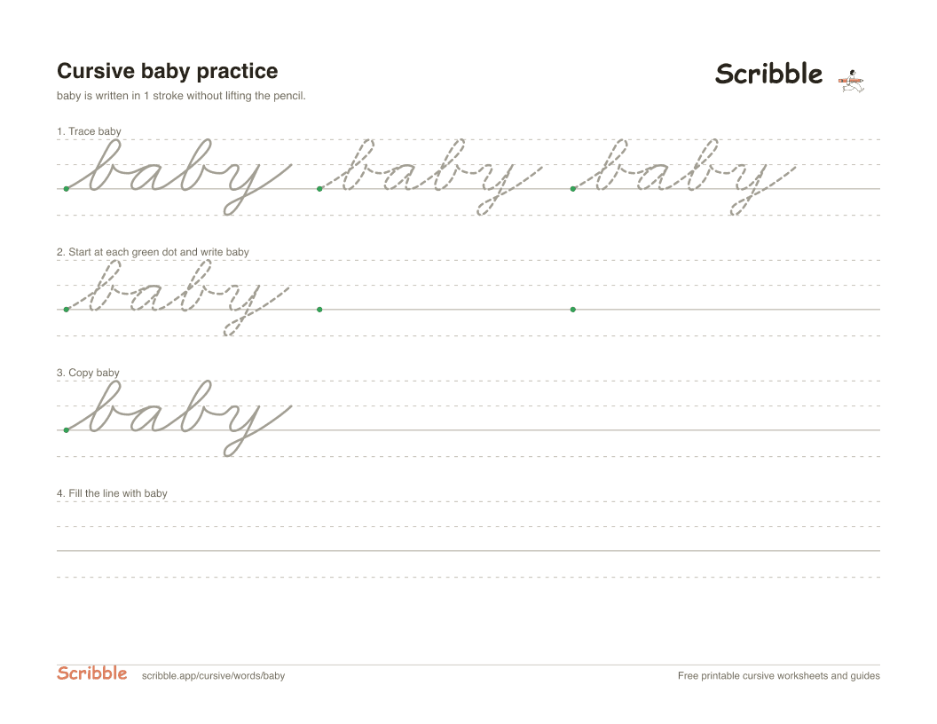Preview of the printable baby in cursive worksheet: trace, copy, and practice rows