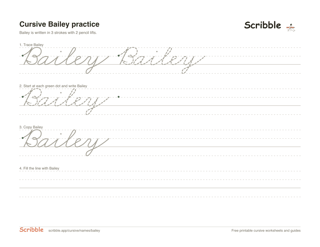 Preview of the printable Bailey in cursive worksheet: trace, copy, and practice rows