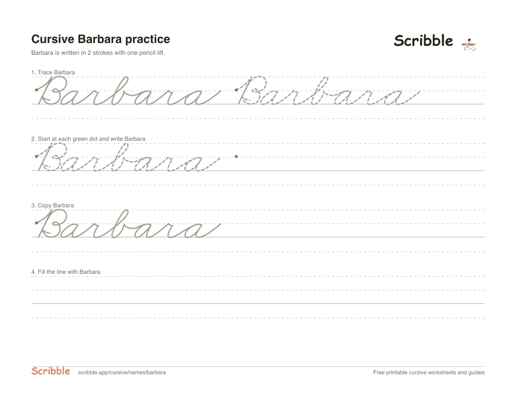 Preview of the printable Barbara in cursive worksheet: trace, copy, and practice rows
