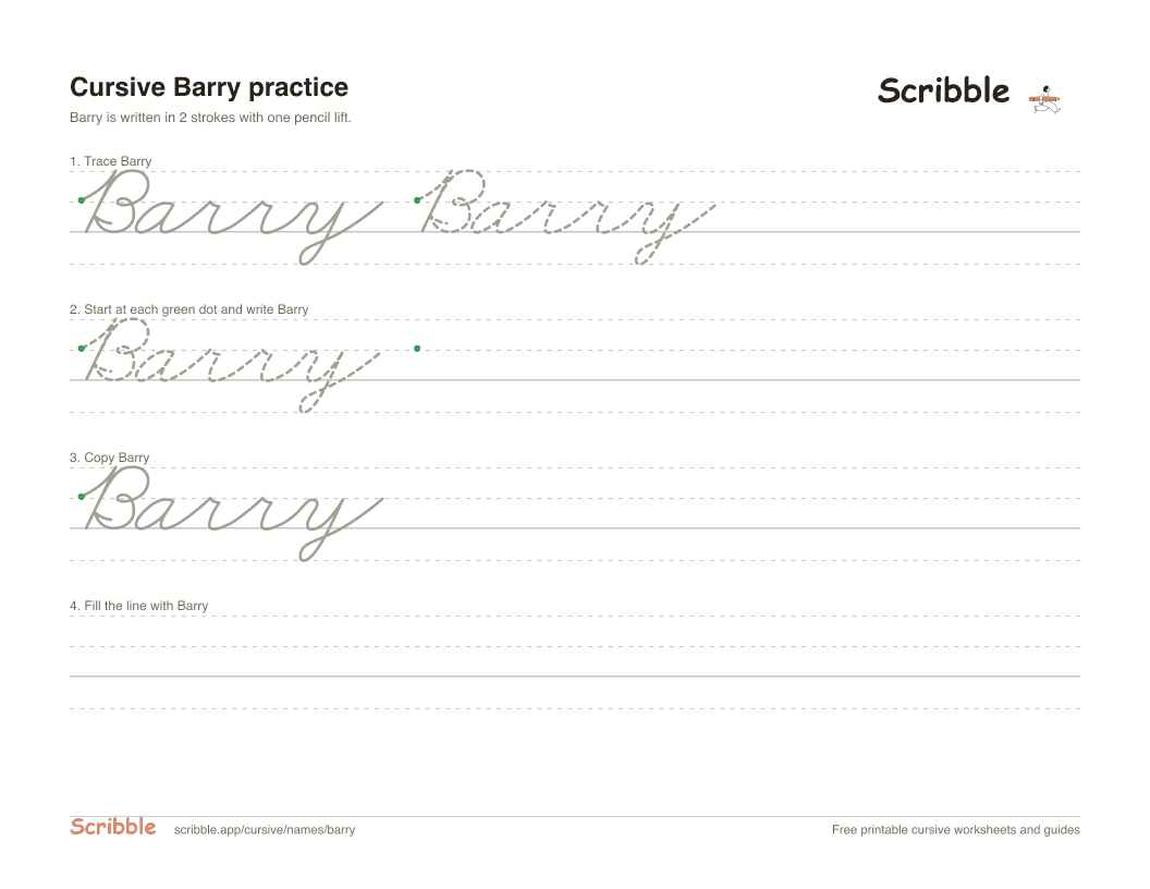 Preview of the printable Barry in cursive worksheet: trace, copy, and practice rows