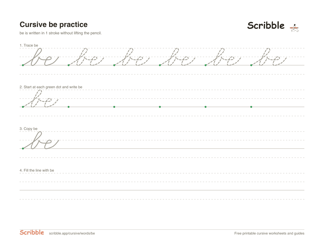 Preview of the printable be in cursive worksheet: trace, copy, and practice rows