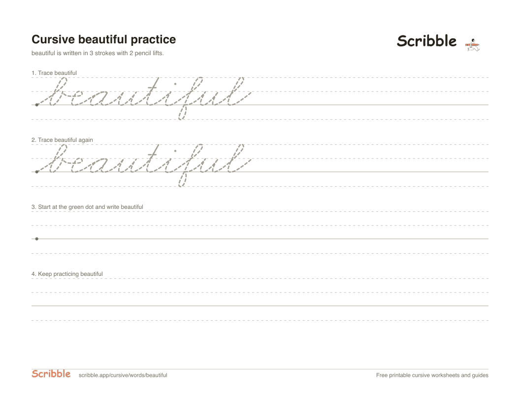 Preview of the printable beautiful in cursive worksheet: trace, copy, and practice rows