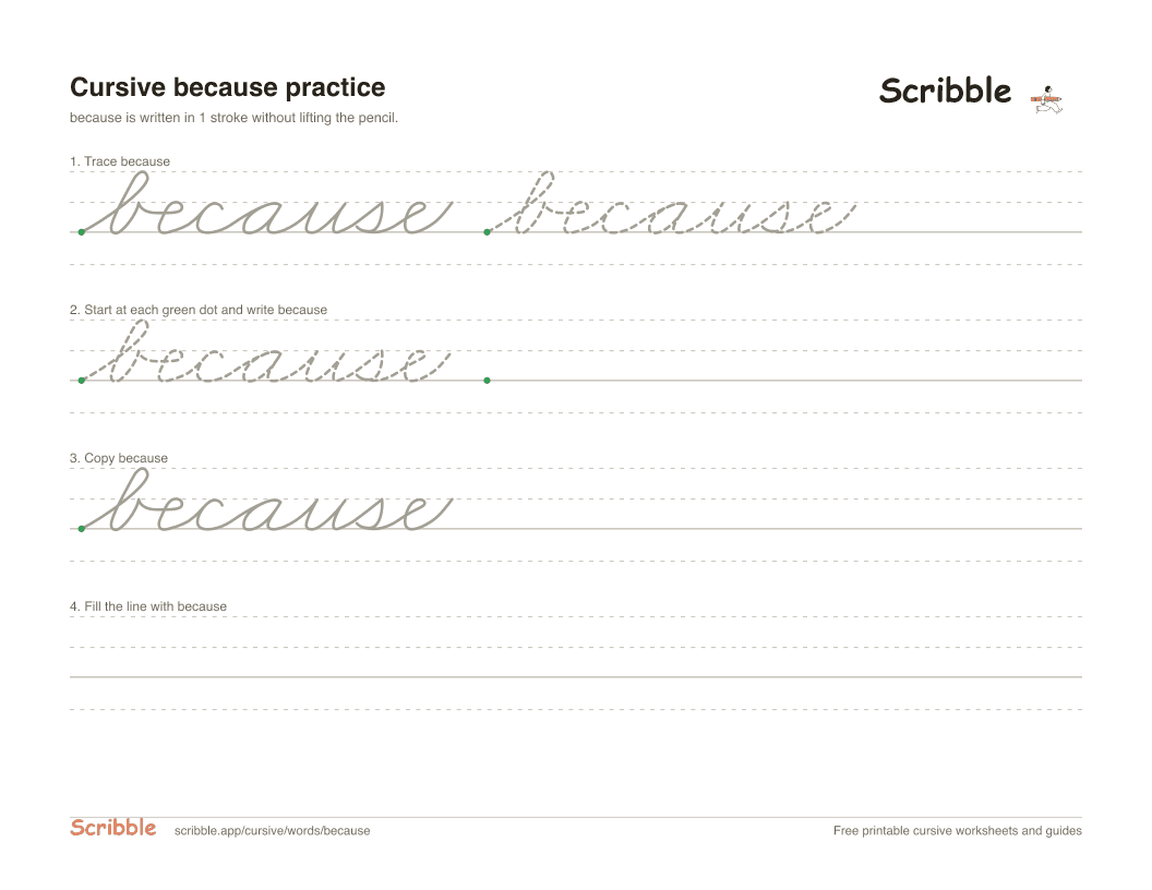 Preview of the printable because in cursive worksheet: trace, copy, and practice rows