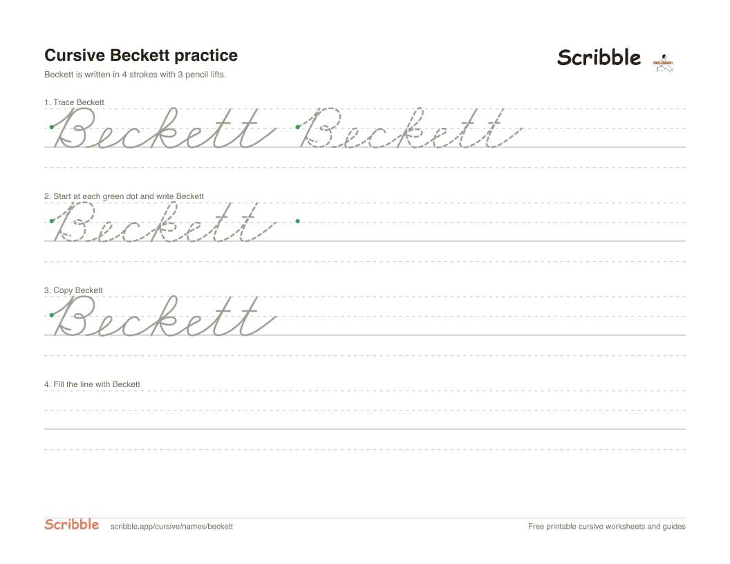 Preview of the printable Beckett in cursive worksheet: trace, copy, and practice rows