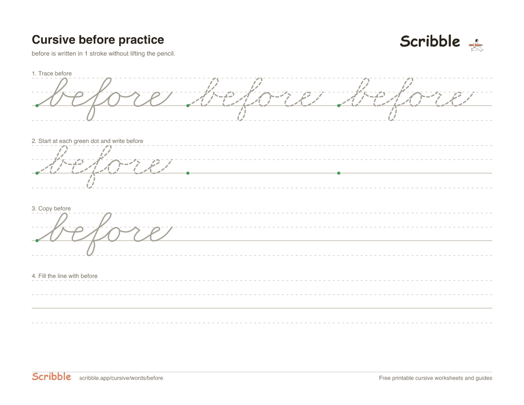 Preview of the printable before in cursive worksheet: trace, copy, and practice rows