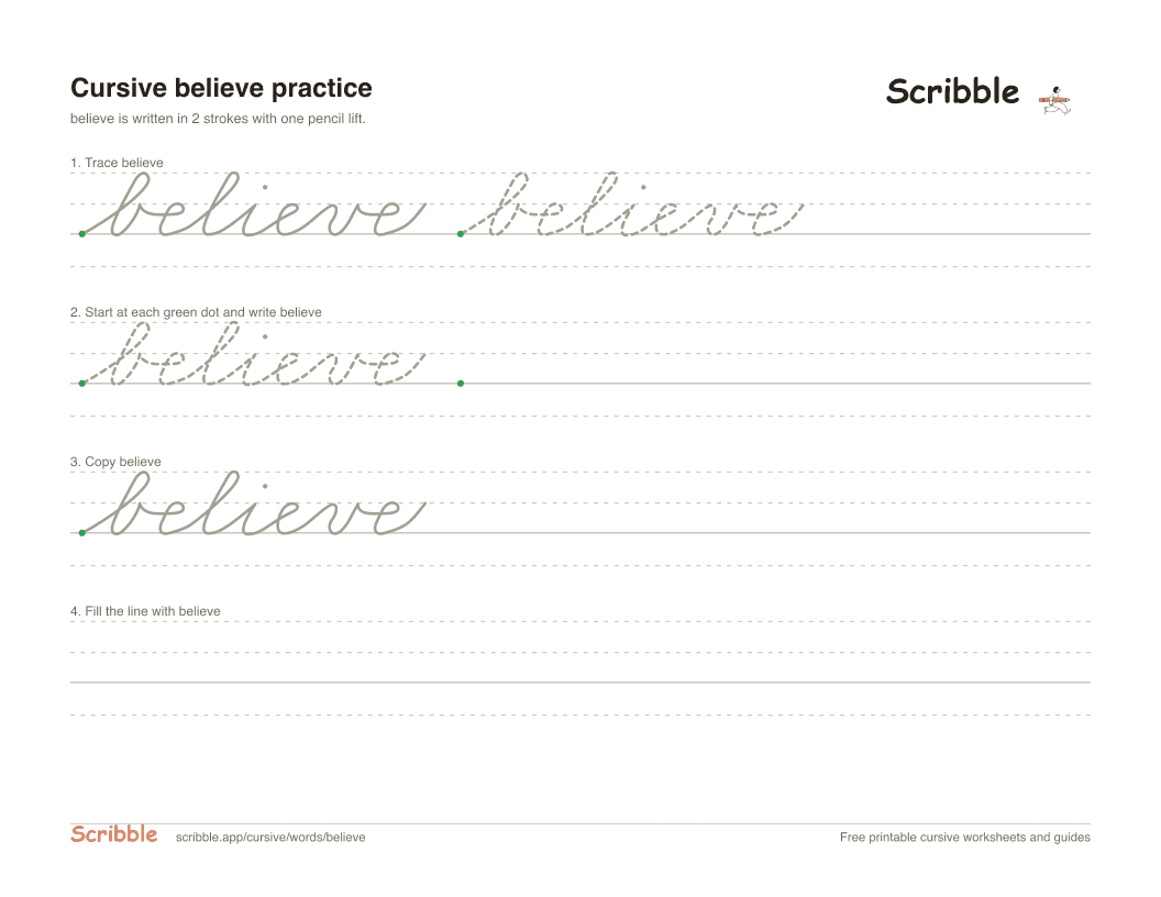 Preview of the printable believe in cursive worksheet: trace, copy, and practice rows