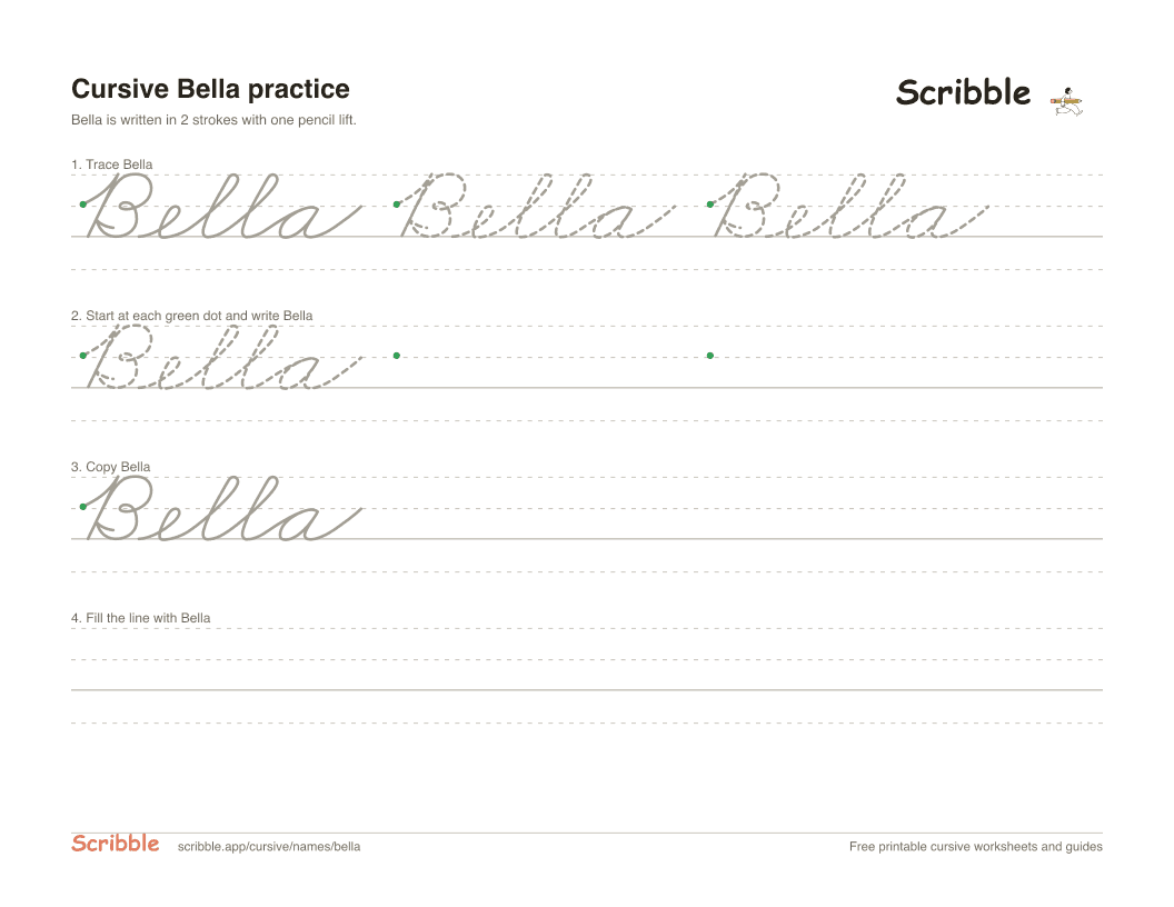 Preview of the printable Bella in cursive worksheet: trace, copy, and practice rows