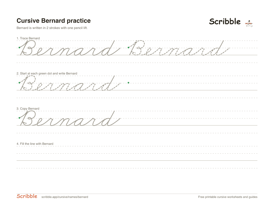 Preview of the printable Bernard in cursive worksheet: trace, copy, and practice rows