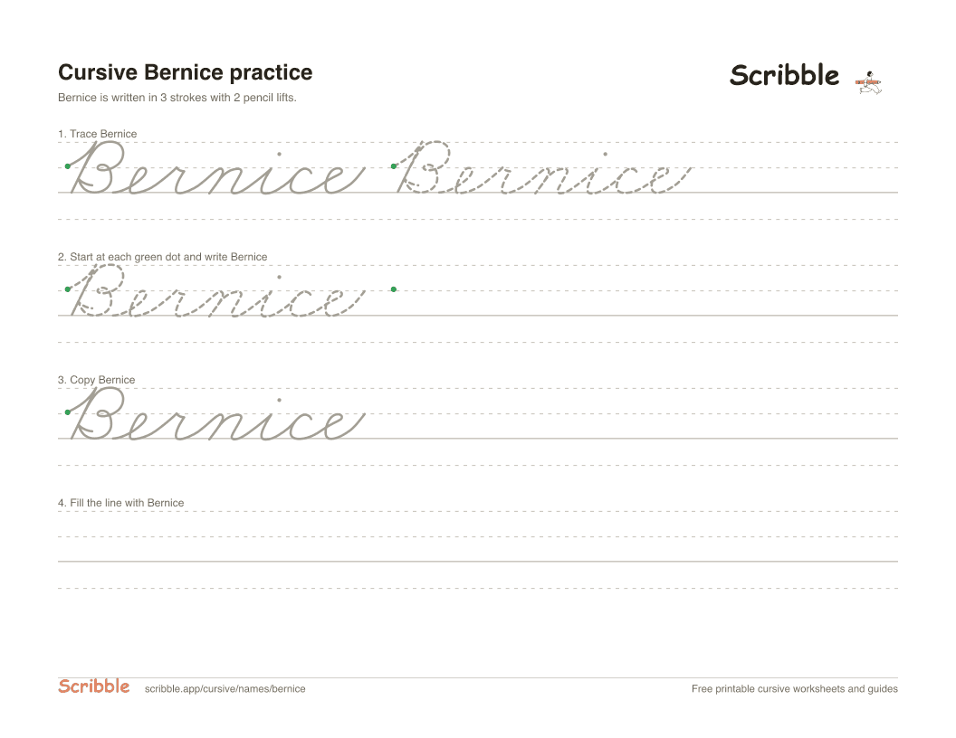 Preview of the printable Bernice in cursive worksheet: trace, copy, and practice rows